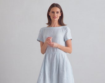 Loose Dress with Short Sleeves and Pockets in Striped Linen. Washed and soft linen dress. Summer Linen Dress. Available in 8 Colors
