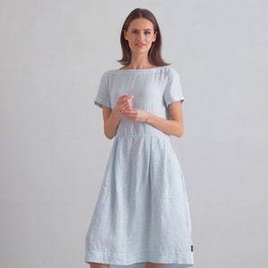 Loose Dress with Short Sleeves and Pockets in Striped Linen. Washed and soft linen dress. Summer Linen Dress. Available in 8 Colors