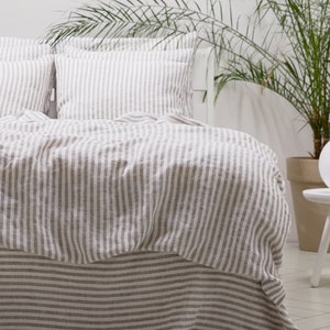 Ticking Striped Linen fitted bed sheet in Indigo, Graphite, Natural with White. Washed linen bedding. Queen, King linen fitted sheet.