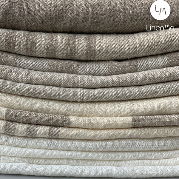 Striped, Plain, Herringbone Linen fabric by the yard or meter in Neutrals, heavy weight. Linen fabric for decor pillows, upholstery, curtain