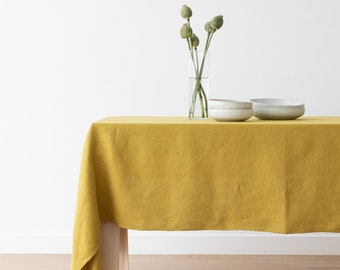 Washed Linen tablecloth in Citrine, Yellow. Round, square, rectangular table linens. Heavy weight, herringbone weave. Custom size