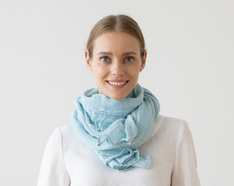 Washed Linen Summer Scarf Cloude Blue. Softened linen scarves in 27 colours. Hand made from 100% European linen. READY TO SHIP