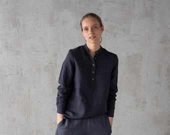 Long Sleeve Linen Shirt Grey, Anthazite. Loose-fitting shirt with half-length buttoned opening. Linen clothing. linen shirt Various colours.