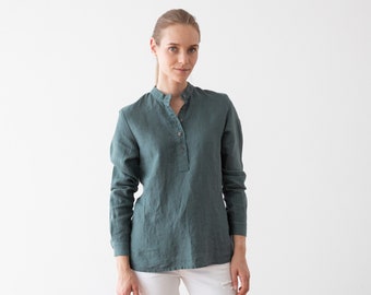 Dark Green Linen Shirt with long sleeves. Straight cut linen shirt with half-length buttoned opening. Linen clothing. Everyday linen shirt