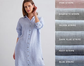 Linen Shirt Dress Striped Various Colors. Drop shoulder shirt dress. Washed linen clothes. Linen everyday shirt. Oversized linen shirt