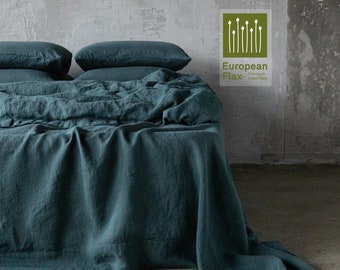 Stone Washed Linen Flat Sheet in Balsam Green. King, Queen, Any size bed linen sheets, European flax certified linen bedding. NO SEAMING