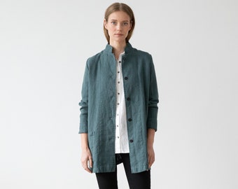 Heavy Linen Jacket in Balsam Green. Washed linen jacket for woman with pockets and buttons. European flax certified linen coat for women