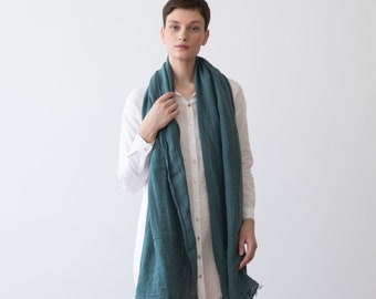 Washed Linen Shawl Wrap in Balsam Green Garza. Hand Made Fringes, European linen. Size 100 x 200 cm READY TO SHIP. Available in 14 colors.