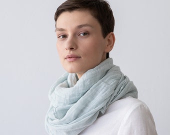 Washed Linen Scarf in Light Blue, Sky blue linen scarf, Pale blue linen scarf. Summer scarf. Gift for girlfriend.