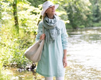 Linen Tunic Mint, Eggshell Blue Sofie.  Linen Dress tunic. Front half-length buttoned opening. European Certified Flax.