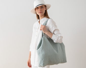 Heavy Linen Bag in Sea Foam, Linen Market Bag in Light green, Linen Hand Bag, Linen Beach bag, Washed Linen bag for summer. READY TO SHIP.