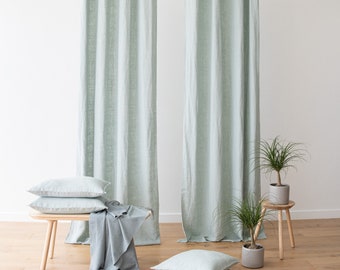 Kraftig linnegardinpanel med öljetter i sjöskum, ljusgrönt, tvättat linne. Europeiskt lin. Gardin för fönster eller dörrar. KLAR ATT FRAKTAS