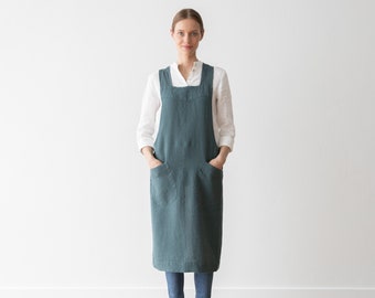 Japanese Cross Back Linen Apron in Balsam Green. No ties linen apron. Linen cross over apron.  Washed 100% European linen.