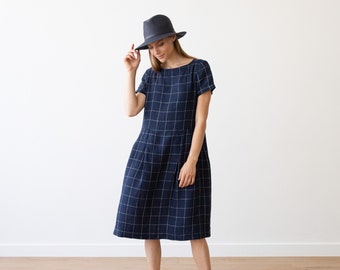 Loose Dress with Short Sleeves and Pockets in Large Check Linen, Navy with White . Washed and soft linen dress. Summer Linen Dress.