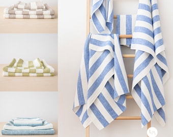 Striped Heavy Weight Linen Bath Towels Various Colours: Towel Set, Bath Towel, body linen towels. European linen, Super Absorbent. Huckaback