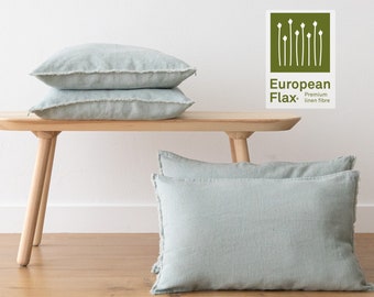 Heavy weight Linen pillow case with hand made fringes Sea foam, Light green color. Standard, queen, king, euro sham, pillow cushion cover.