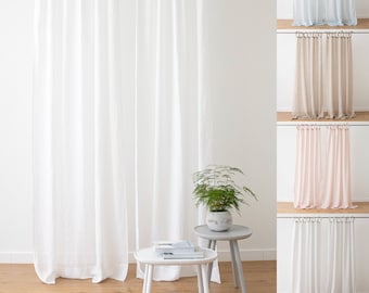 Painel de cortina de linho com amarração superior em várias cores. Cortinas de linho transparentes para janelas ou portas. Cortina de linho leve para terraço.