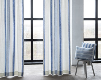 Heavy Linen Rod Pocket Curtain Panel, Washed, White Blue Stripe. Pure European linen. Curtain for window or doors. Custom size available