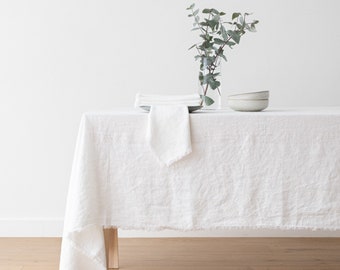 White linen tablecloth with Hand made Fringes, Washed. Square, rectangular table linens. Heavy weight, plain weave. Table Linen for summer