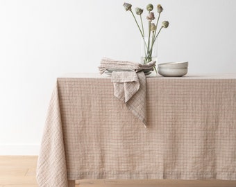 Stone Washed Linen tablecloth and Napkins in Natural Brick. Any width up to 106" width, any length, no seams.  Round, square, rectangular.