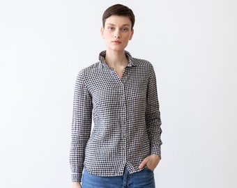 Linen Collar Shirt for Woman. Loose-fitting shirt with full-length buttoned opening. Long sleeve shirt. Black White Checked linen.