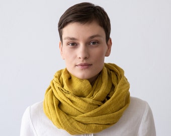 Light Weight Washed Linen Summer Scarf in Mustard, Citrine. Softened linen scarves. Hand made from 100% European linen. READY TO SHIP