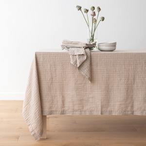 Stone Washed Linen tablecloth and Napkins in Natural Brick. Any width up to 106" width, any length, no seams.  Round, square, rectangular.