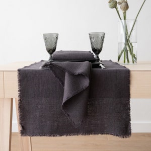 Rustic Linen Table Runner in Grey, Hand Made with fringes, Heavy Washed linen, Any Length, Christmas Table Linen image 1