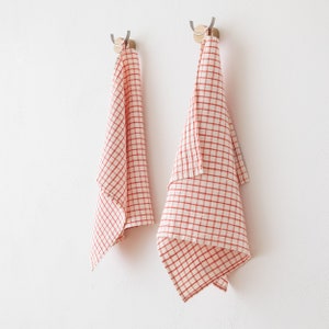 Washed linen Gingham Tea Towel Set, Linen Kitchen Towels White Red Check. Pure linen dish towel, dishcloth. Christmas gifts. Kitchen linen