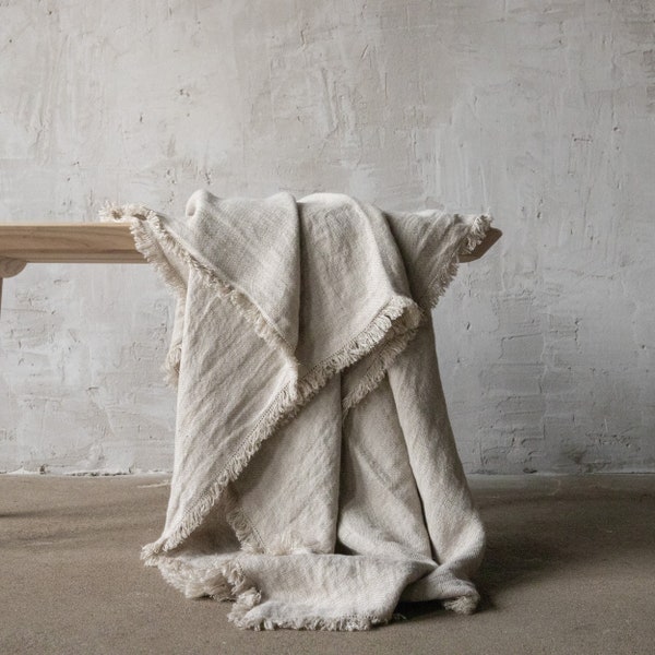 Linen Throw Blanket in Natural. Basket weave linen, fringed, European linen. Twin, Queen, King size. Any size up to 108" Linen Bed Cover.