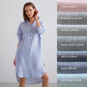 Linen Shirt Dress Striped Various Colors. Drop shoulder shirt dress. Washed linen clothes. Linen everyday shirt. Oversized linen shirt
