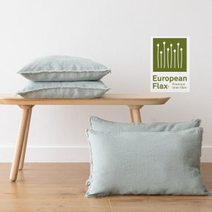 Heavy weight Linen pillow case with hand made fringes Sea foam, Light green color. Standard, queen, king, euro sham, pillow cushion cover.