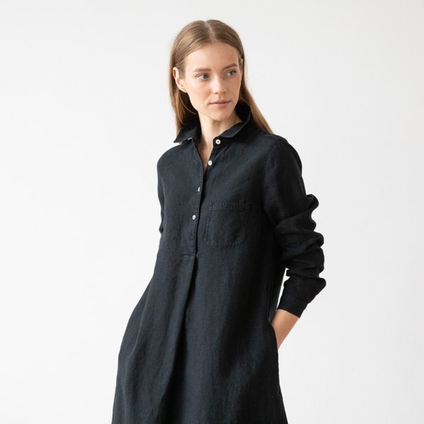 Robe chemise en lin bleu indigo. Vêtements en lin pour femmes de différentes couleurs. A Shape silhouette, manches longues, longueur genou.