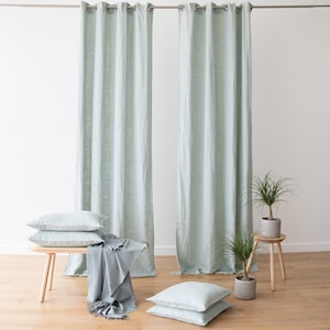Heavy Linen Curtain Panel with Grommets in Sea Foam, Light Green, Washed linen. European flax. Curtain for window or doors. READY TO SHIP