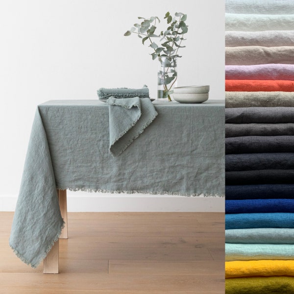 Hand made Fringed Washed Linen tablecloth in Various colours. Square, rectangular table linens. Heavy weight, plain weave. Table Linen
