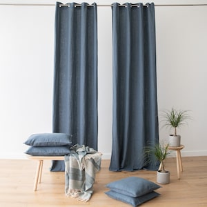 Linen Curtain Panel with Grommets for window or doors. Heavy Weight Washed Linen in Dark Blue. European flax certified. READY TO SHIP