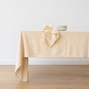Washed Striped Linen tablecloth and napkins in Gold. Round, square, rectangular table linens from washed medium weight linen. Any lenght