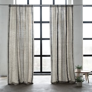 Heavy Linen Rod Pocket Curtain Panel, Washed, Natural Black Stripe. Pure European linen. Curtain for window or doors. Custom size available