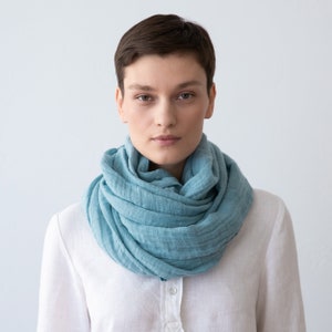 Washed Linen Summer Scarf in Stone Blue. Softened linen scarves in 27 colours. Hand made from 100% European linen. READY TO SHIP. Super Soft