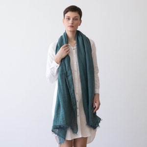 Washed Linen Shawl Wrap in Balsam Green Garza. Hand Made Fringes, European linen. Size 100 x 200 cm READY TO SHIP. Available in 14 colors. image 1