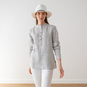 Linen Shirt for Woman Grey Pinstripe. Long sleeve linen shirt for summer. Loose-fitting shirt with half length buttoned opening. Linen Top