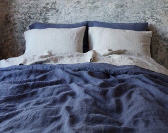 Washed Linen Duvet Cover in Blueberry. Washed linen bedding. Queen, King, any size. NO SEAMING. Ready to ship 2 - 3 days