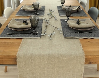 Rustic Linen Table Runner in Natural, Hand Made with fringes, Washed linen. Any Length linen runner. Table linen. More colors available.