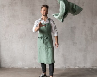 Men's Linen Bib Apron in Spa Green. European washed linen. Available in 23 colors. Apron for gardening, cooking, uniform.