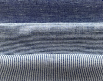 Tissu en lin léger en mélange bleu, rayures, fines rayures. Largeur 150 cm / 59 ", poids 165gr / m2. Tissu pour vêtements