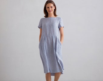 Loose Dress with Short Sleeves and Pockets in Blue White Striped Linen. Washed and soft linen. Summer Linen Dress. READY TO SHIP 1-2 days