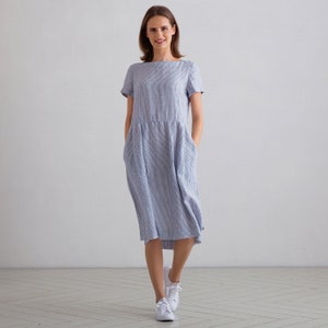 Loose Dress with Short Sleeves and Pockets in Blue White Striped Linen. Washed and soft linen. Summer Linen Dress. READY TO SHIP 1-2 days