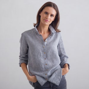 Graphite Grey Melange Linen Collar Shirt for Woman. Loose-fitting shirt with full-length buttoned opening. Long sleeve shirt.