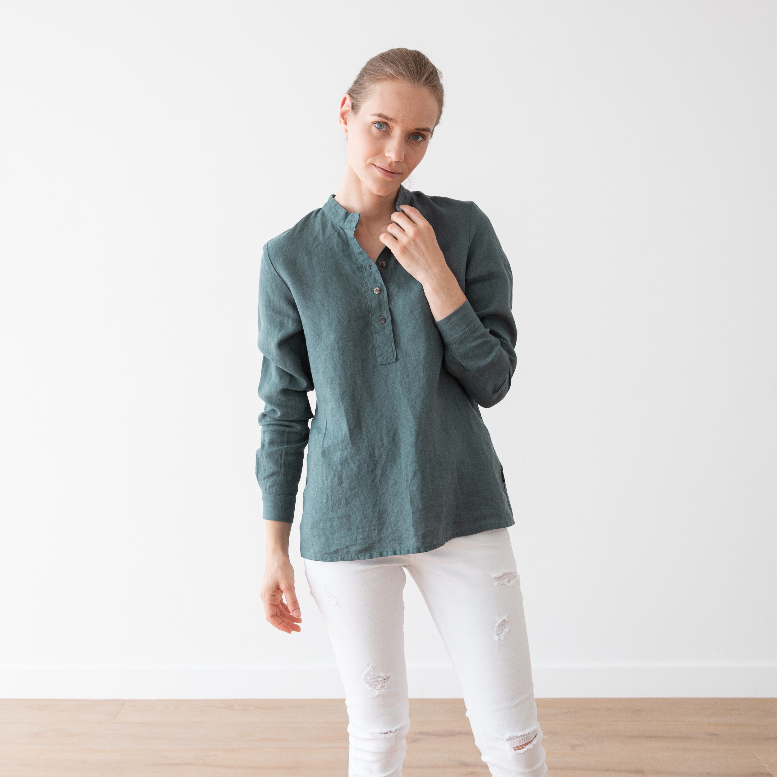 Pieszak Lina Linen Blouse, Faded Green