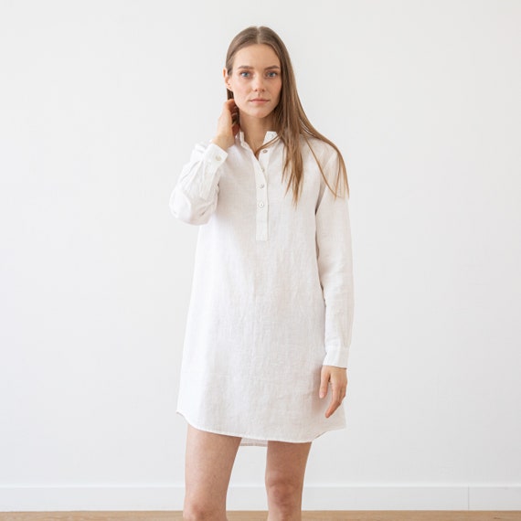 Washed White Linen Night Shirt. Washed Linen clothing. Straight silhouette. Front half-length buttoned opening. Available in 35 colors. Washed White Linen Night Shirt. Washed Linen clothing. Straight silhouette. Front half-length buttoned opening. Available in 35 colors.